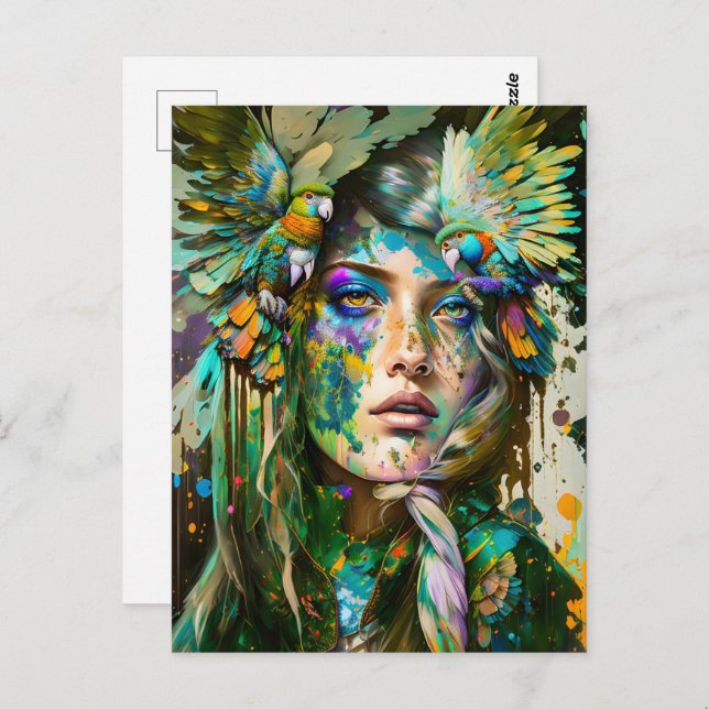 Frau mit Papagei, Postkreuz Postkarte (Vorne/Hinten)