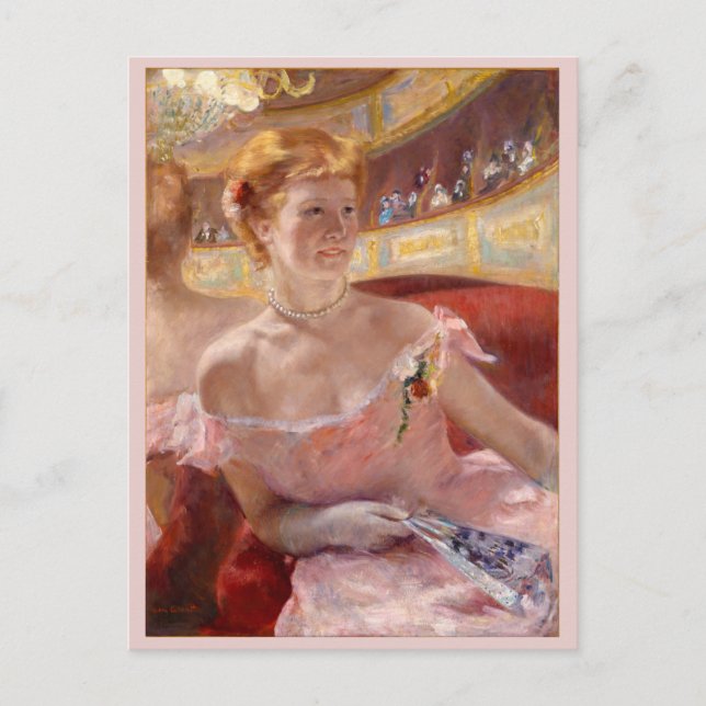 Frau mit Pearl Necklace in Loge Mary Cassatt Postkarte (Vorderseite)