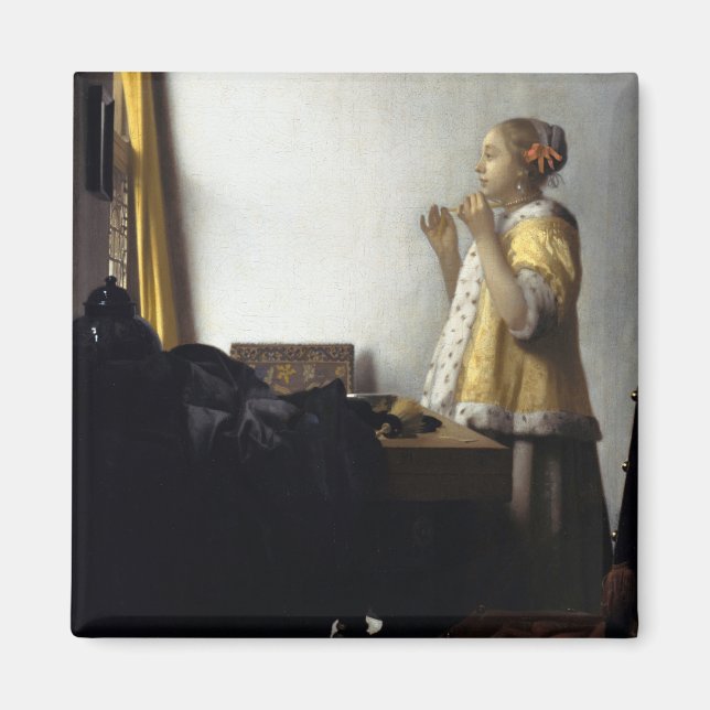 Frau mit Pearl Necklace von Johannes Vermeer Magnet (Vorne)