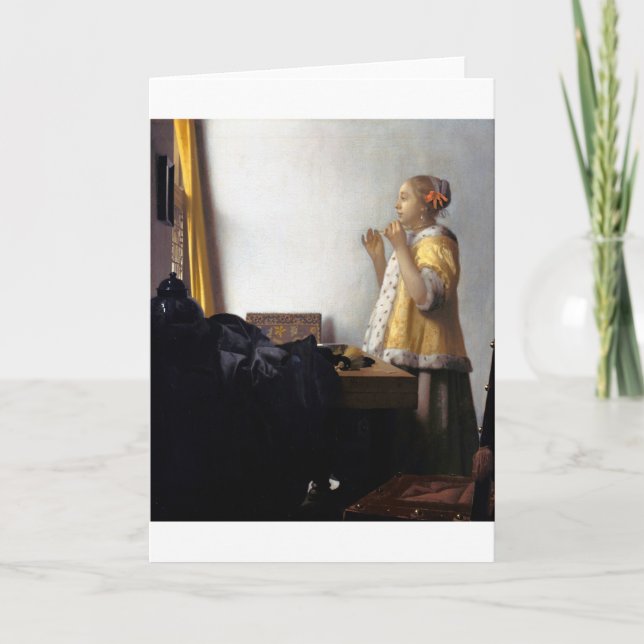 Frau mit Perle Necklace, Johannes Vermeer Karte (Vorderseite)