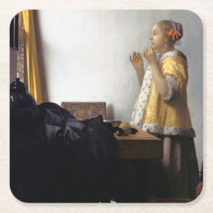 Frau mit Perlenschnur, Johannes Vermeer Rechteckiger Pappuntersetzer
