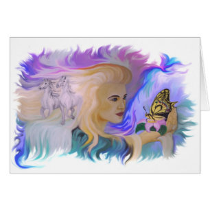 Frau mit Pferd und Schmetterling in der Hand