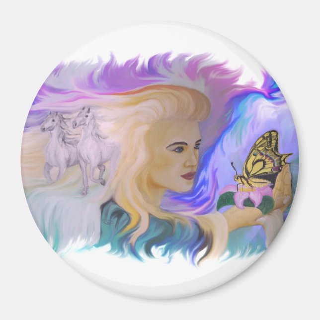 Frau mit Pferd und Schmetterling in Hand Magnet (Vorne)