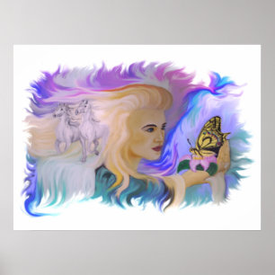 Frau mit Pferd und Schmetterling in Hand Poster