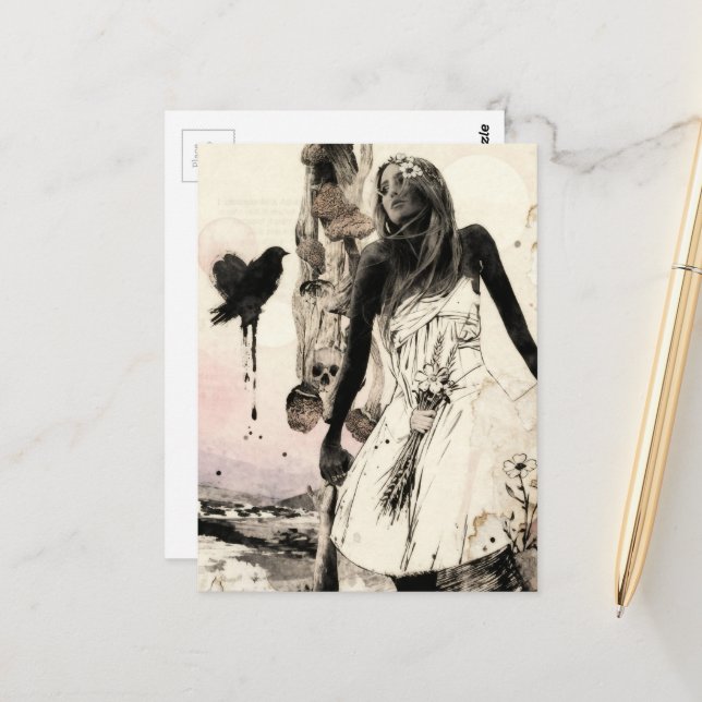 Frau mit Pilzen surreale Collage Postkarte (Vorderseite/Rückseite Beispiel)