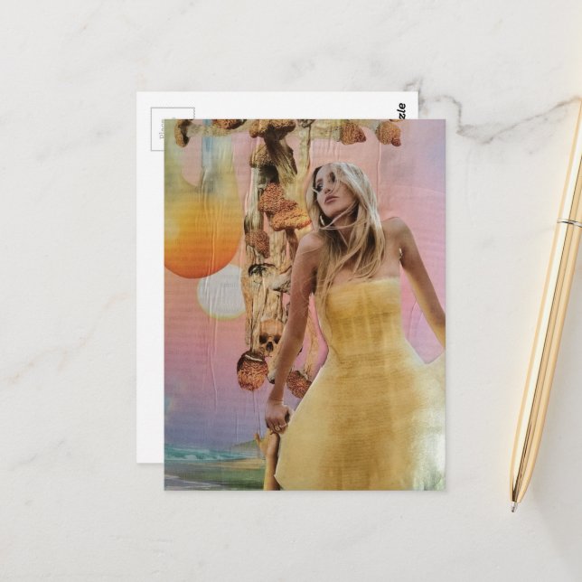 Frau mit Pilzen surreale Collage Postkarte (Vorderseite/Rückseite Beispiel)