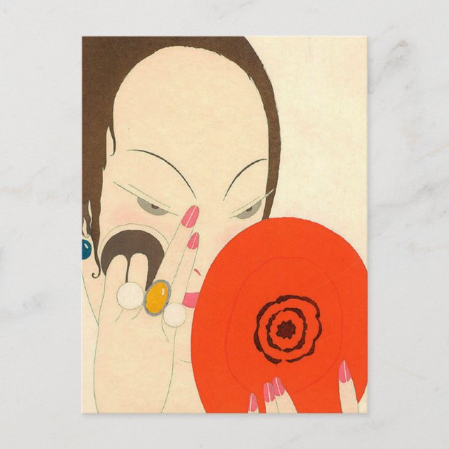 FRAU MIT RED MIRROR Deko Beauty Fashion Makeup Postkarte (Vorderseite)