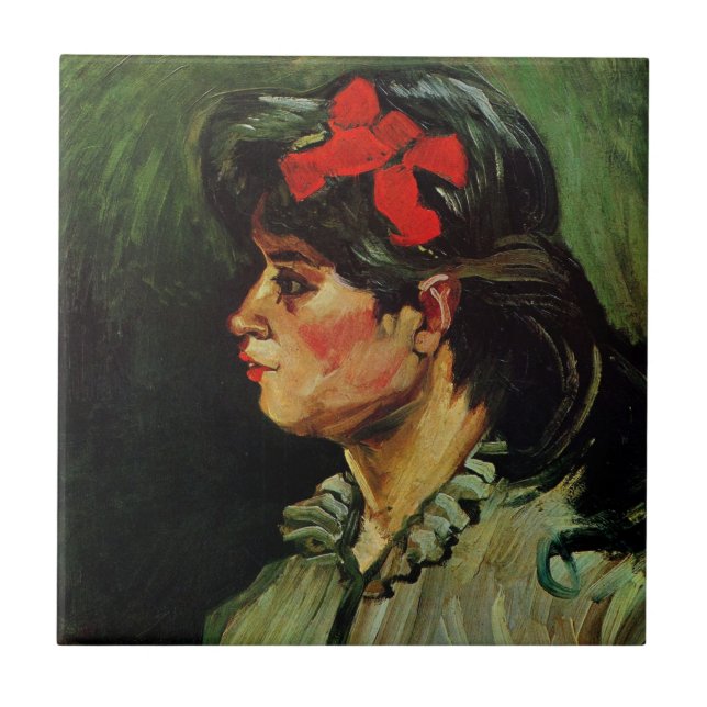 Frau mit Red Ribbon Portrait von Vincent van Gogh Fliese (Vorderseite)