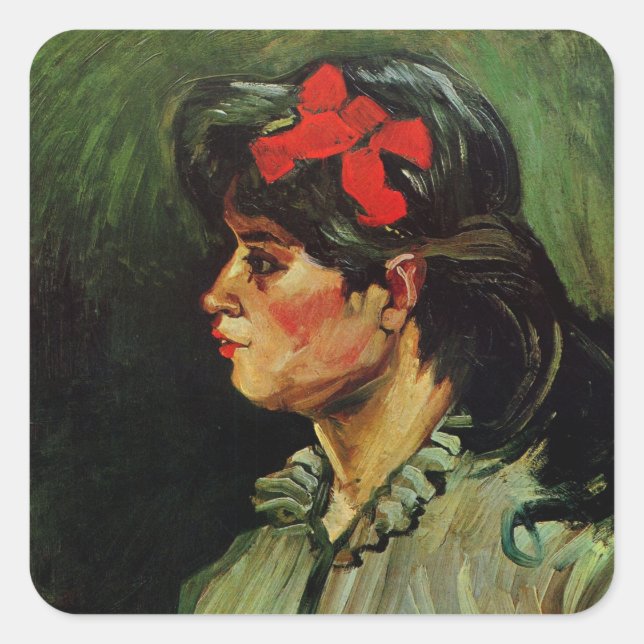 Frau mit Red Ribbon Portrait von Vincent van Gogh Quadratischer Aufkleber (Vorderseite)