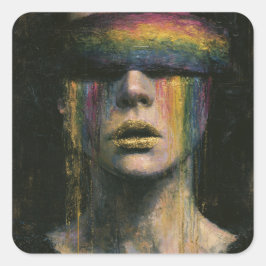 Frau mit Regenbogenblindfold Quadratischer Aufkleber