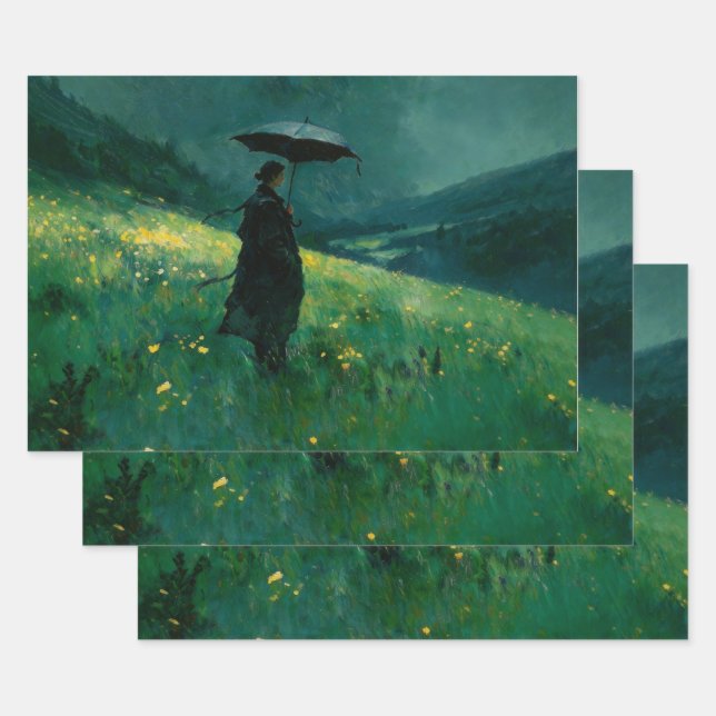 Frau mit Regenschirm in grüner Wiese Geschenkpapier Set (Set)