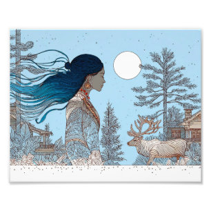 Frau mit Rentieren im Schnee durch Blockhütte Fotodruck