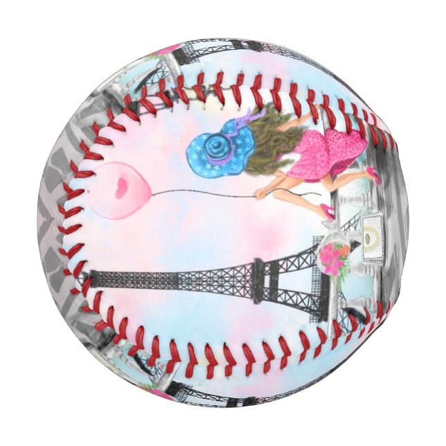 Frau mit rosa Ballon in Paris Baseball Geschenk (Vorderseite Links)