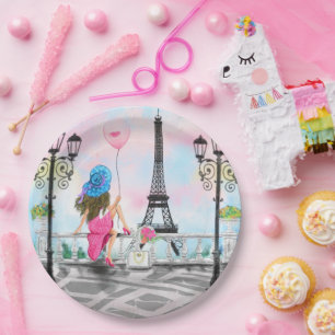 Frau mit rosa Ballon in Paris-Papierteller Pappteller