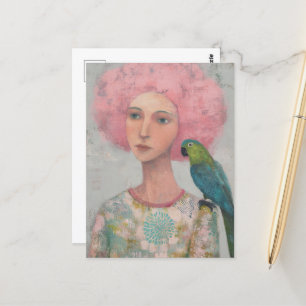 Frau mit rosa Haar und Vogel Postkarte