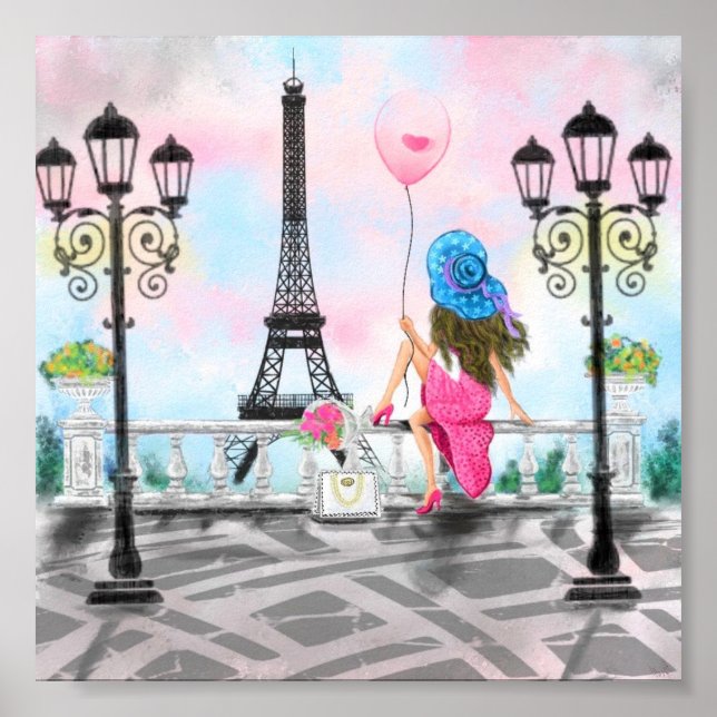 Frau mit rosa Herzballon in Paris Poster (Vorne)