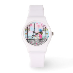 Frau mit rosa Herzballon in Paris Watch Armbanduhr