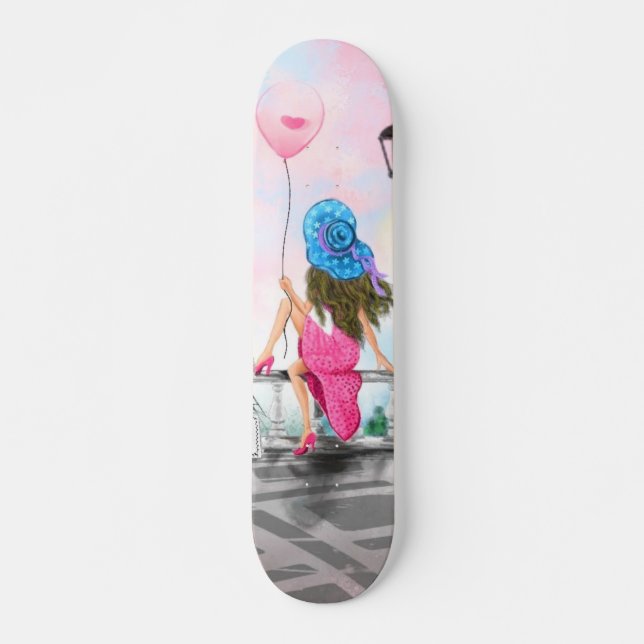 Frau mit rosa Herzballon Skateboard Geschenk (Vorne)