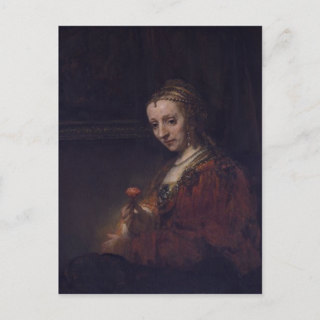 Frau mit rosafarbener Nelke von Rembrandt van Rijn Postkarte (Vorderseite)