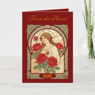 Frau mit Rosen romantische Illustration Karte