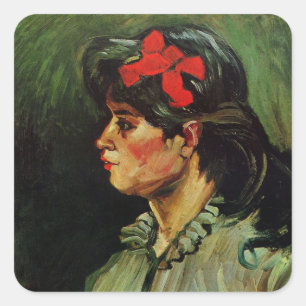 Frau mit rotem Band Porträt von Vincent van Gogh Quadratischer Aufkleber