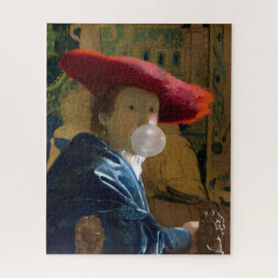 Frau mit rotem Hut, die einen Kaugummi bläst Puzzle