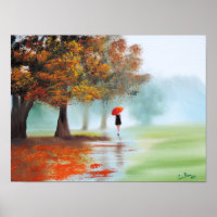 Frau mit rotem Schirm Herbstlandschaft Kunst