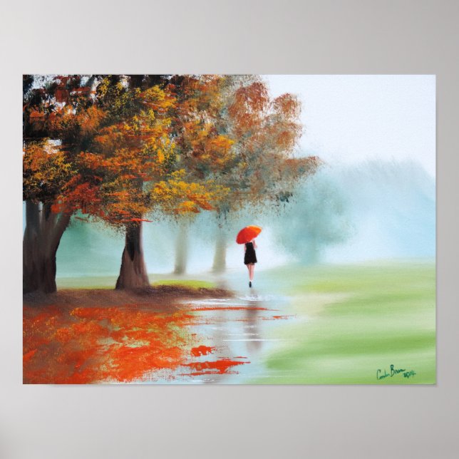 Frau mit rotem Schirm Herbstlandschaft Kunst Poster (Vorne)