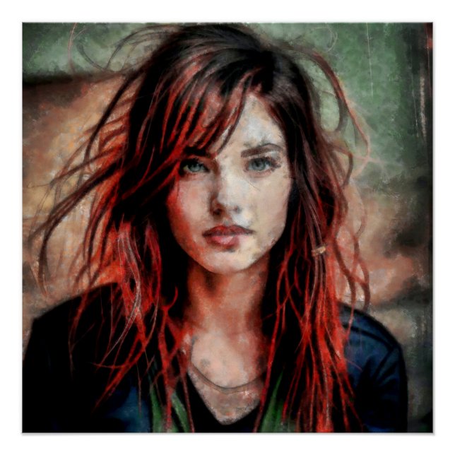 Frau mit roten Haaren im Wind Poster (Vorderseite)