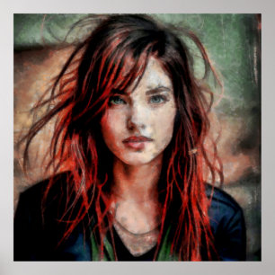 Frau mit roten Haaren im Wind Poster