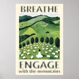 Frau mit Schaf Kunst Druck Pastorale Berglandschaf Poster