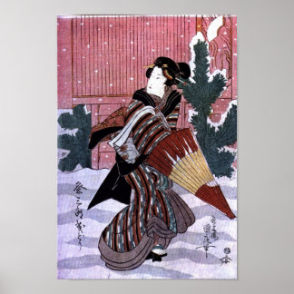 Frau mit Schirm im Schnee Poster