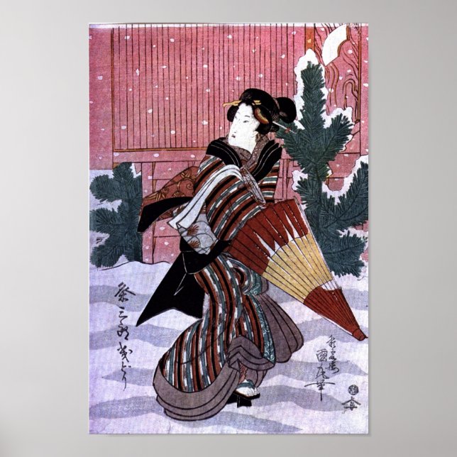 Frau mit Schirm im Schnee Poster (Vorne)