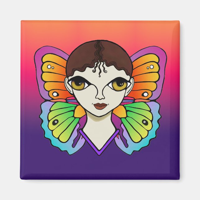 Frau mit Schmetterlingswings hell und farbenfroh Magnet (Vorne)