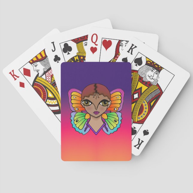 Frau mit Schmetterlingswings hell und farbenfroh Spielkarten (Rückseite)