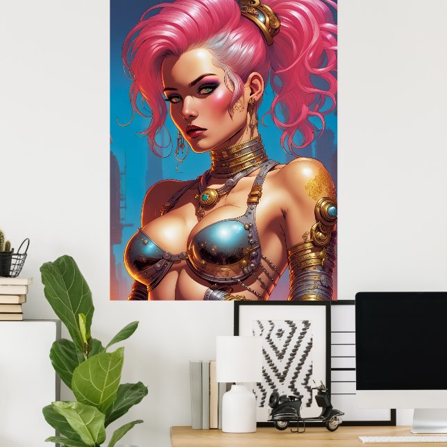 Frau mit schönem rosa Haar Poster (Heimbüro)
