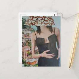Frau mit Schüssel auf dem Kopf surreale Collage Postkarte