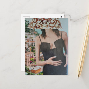 Frau mit Schüssel auf dem Kopf surreale Collage Postkarte