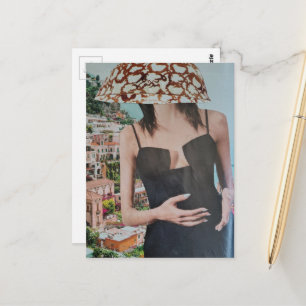 Frau mit Schüssel auf dem Kopf surrealer Collage Postkarte