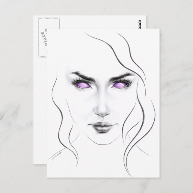 Frau mit seltsamen lila Augen Minimalistisch Line  Postkarte (Vorne/Hinten)