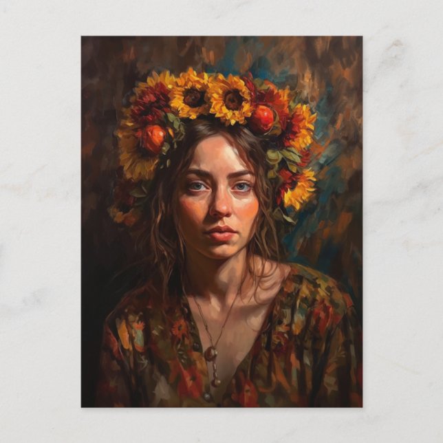 Frau mit Sonnenblumen Herbsternte Krone Postkarte (Vorderseite)