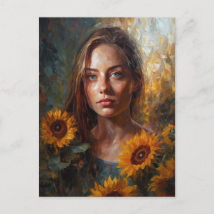 Frau mit Sonnenblumen Postkarte
