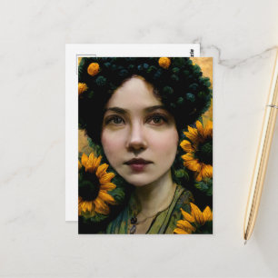 Frau mit Sonnenblumen Postkarte