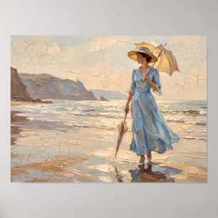 Frau mit Sonnenschirm am Strand Gemälde Poster