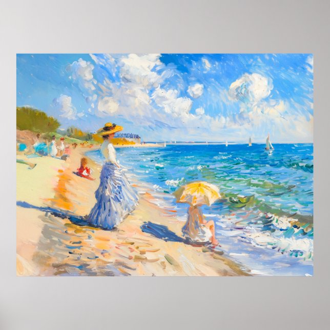 Frau mit Sonnenschirm am Strand Impressionismus Poster (Vorne)
