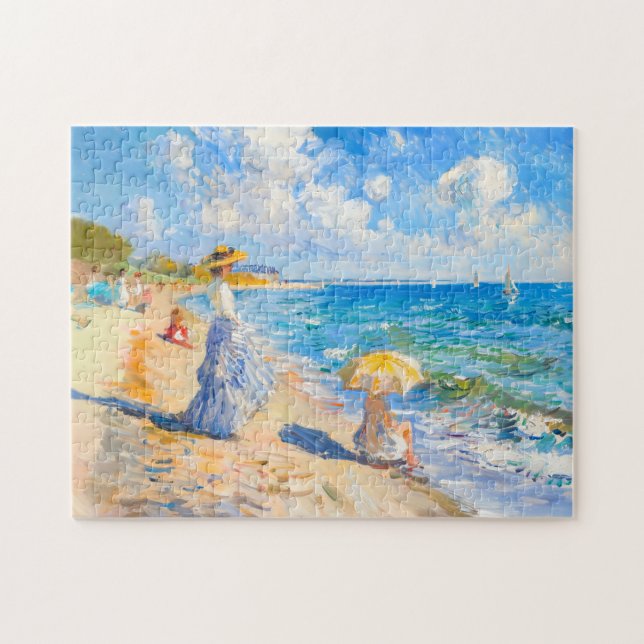 Frau mit Sonnenschirm am Strand Impressionismus Puzzle (Horizontal)