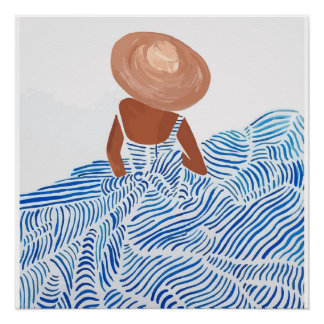 Frau mit Strohhut Blaues Kleid – Minimale Küste Poster