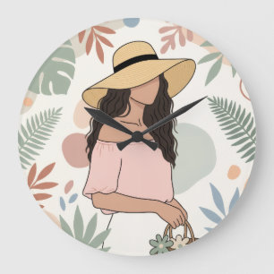 Frau mit Strohhut mit Blumen Große Wanduhr
