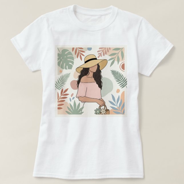 Frau mit Strohhut mit Blumen T-Shirt (Design vorne)