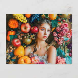 Frau mit Trauben und Blumenarrangement Postkarte
